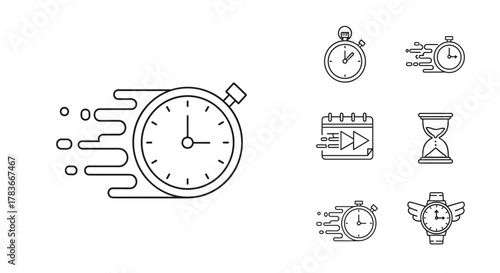 Set of fast time icons in line art style, including a large stopwatch with motion lines, a calendar with fast forward symbol, an hourglass, a stopwatch with motion lines, a classic stopwatch, and a