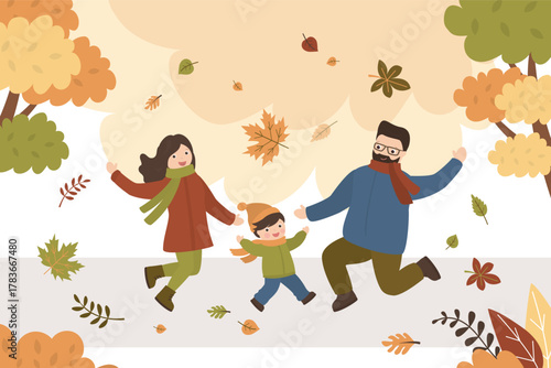 Fall, autumn park parents and kid. Family outdoor activity. Mother, father and boy play and jump with falling leaves. People in warm clothes.