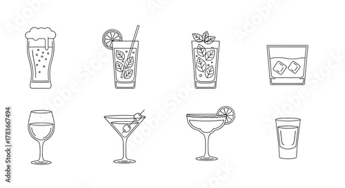 Set of simple outline icons representing various alcoholic cocktails and drinks, including beer, mojito, whiskey, wine, martini, margarita, and shot glass, isolated on a clean white background