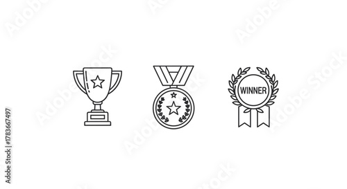 A clean and modern line icon set featuring three distinct awards: a classic trophy cup with a star, a circular medal adorned with a star and laurel wreath, and a winner's prize ribbon encircled by a