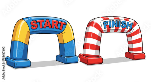 Vibrant cartoon-style inflatable start and finish line gates, perfect for sports games and races, isolated on a clean white background, symbolizing competition and achievement in a fun, graphic