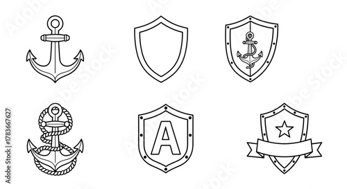 Collection of six black and white vector illustrations featuring anchors and shields, presented on a clean white background. This set includes a classic anchor, a rope-wrapped anchor, a plain shield
