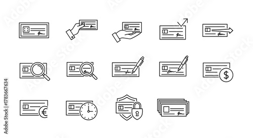 A comprehensive line icon set depicting various aspects of bank checks, including signing, verification, security, and financial transactions, presented on a clean white background for versatile