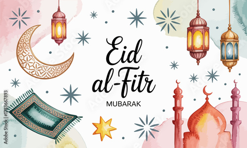 A vibrant and colorful Eid al-Fitr greeting card showcasing decorative lanterns, a crescent moon, and traditional motifs emphasized for festive celebration and unity.