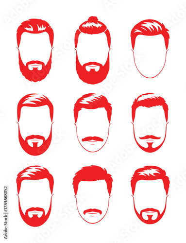 Collection of Red Silhouettes of Men's Hairstyles and Beards