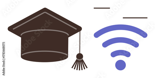 Academic cap beside blue wireless signal illustrating online learning, virtual education, digital literacy, e-learning innovation, distance teaching, global education, knowledge network. A simple