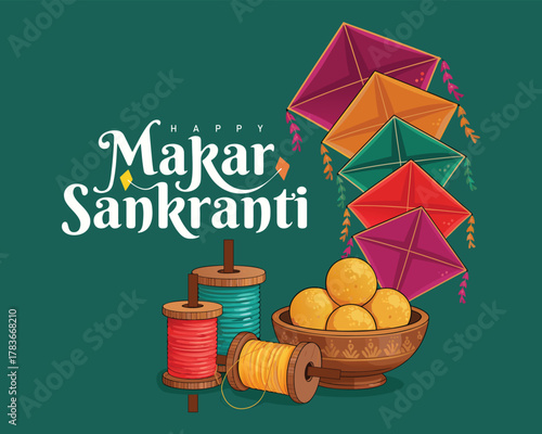 Indian festival Happy Makar Sankranti poster design with group of colorful kites flying. vector illustration design.