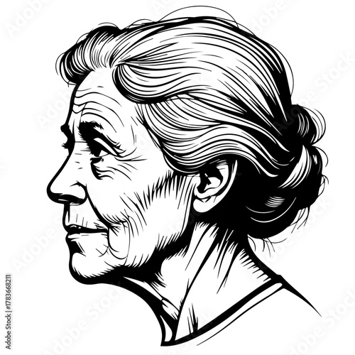 Elderly woman in profile with gray hair and calm expression  