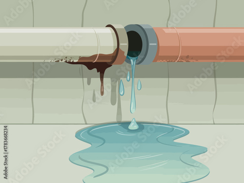 A detailed illustration showing two plumbing pipes with a water leak. This image highlights the importance of plumbing maintenance and is ideal for home repair services.