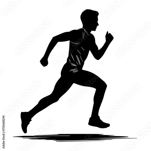 Silhouette of a man running rapidly with determined expression  