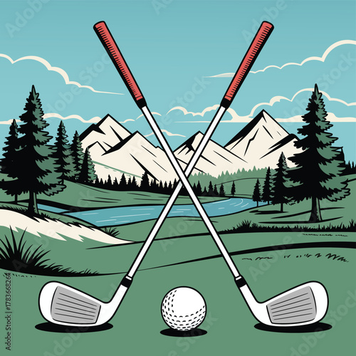 Golf ball crossed golf clubs, winter forest and mountain background with clear blue sky, sport concept scene vector illustration.