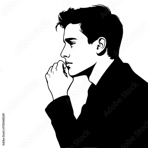 Stylish young man in profile thoughtfully pondering with hand on chin  