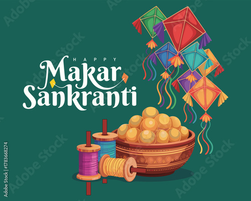 Indian festival Happy Makar Sankranti poster design with group of colorful kites flying. vector illustration design.