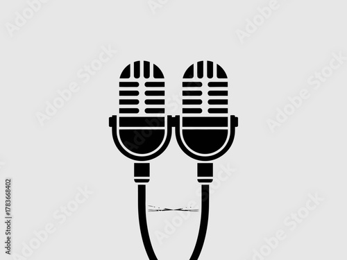 This image features two classic microphones connected by a wavy line, representing music, performance, and dialogue in a visually striking black and white design.