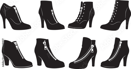 Diverse collection of women's ankle boots featuring high heels, zippers, and laces, ideal for modern fashion concepts and elegant footwear design