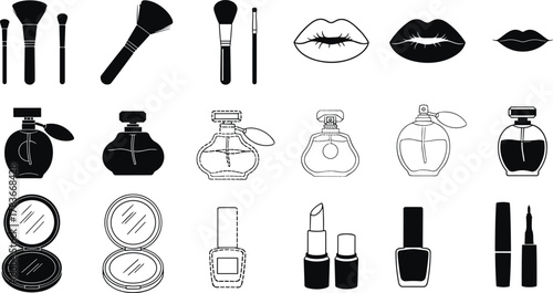 Makeup icons, beauty tools, cosmetic products, lipstick illustration, nail polish, perfume bottle, compact mirror, eyeliner brush, fashion design, glamour style 