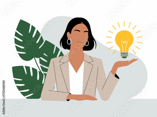 This professional illustration portrays a woman thoughtfully holding a light bulb, symbolizing creativity, innovation, and empowerment in business and personal growth.
