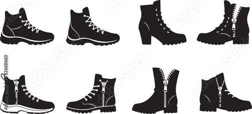 A diverse collection of eight black boot silhouettes. This set includes icons for hiking, combat, work, and fashion footwear, isolated on a white background