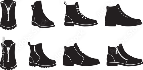 Collection of diverse boot styles including ankle boots, work boots, and fashionable footwear for men and women