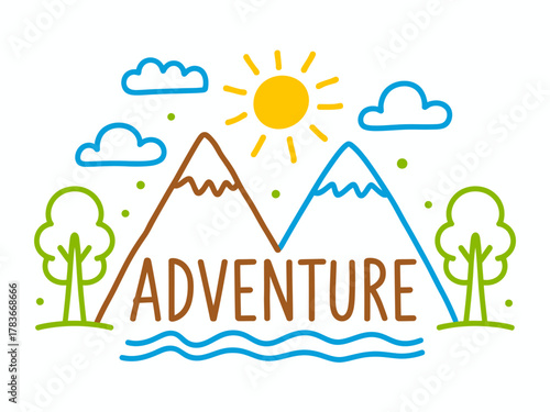 This vibrant illustration depicts two mountains under a bright sun, surrounded by trees and clouds, inviting viewers to embrace outdoor adventures and nature.