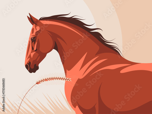 Featuring a captivating silhouette of a brown horse with graceful lines, surrounded by wheat, this image reflects themes of strength, freedom, and nature, ideal for a rural setting.