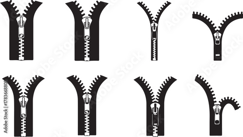 A versatile set of eight black and white zipper vector icons, illustrating various stages of opening and closing for fashion and graphic design projects