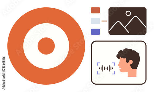 Circular target symbol, color palette, image preview, and voice recognition with waveform. Ideal for marketing, branding, image design, technology communication creativity focus. Simple flat