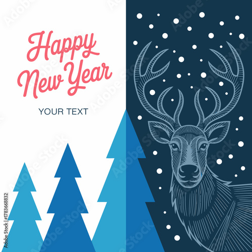 A modern artwork that depicts a reindeer against wintery trees, combining the spirit of New Year celebrations with a unique artistic style and festive atmosphere.