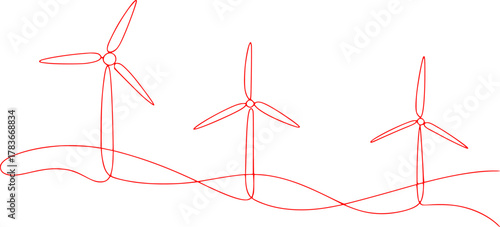 Minimalist Red Line Art of Three Wind Turbines on a White Background