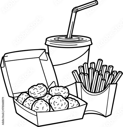 Fast food combo: Chicken nuggets, french fries, and soda, black and white line art vector illustration.