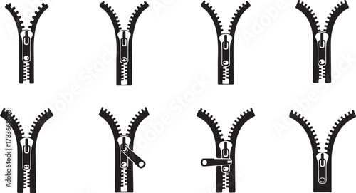 A versatile collection of black silhouette zipper icons, showcasing different open and closed positions for fashion and textile design