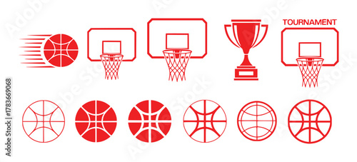 Red Basketball Icons Balls, Hoops, Trophy, and Tournament Sign