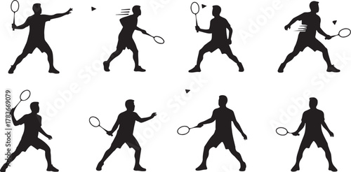 Collection of silhouettes depicting the dynamic movements and actions of a badminton player in various stances and poses during a game