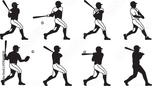 Dynamic sequence of a baseball batter's swing illustrated in a series of black vector silhouettes on a white background