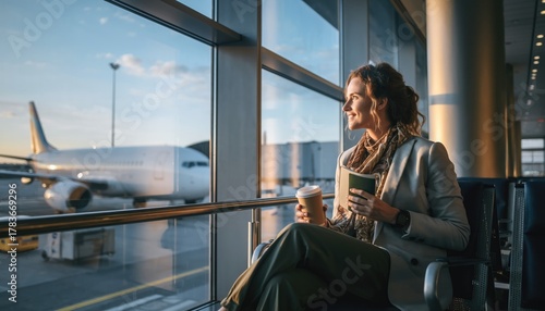 Woman Enjoys Coffee While Waiting at Airport for Flight Departure