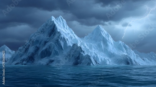 Wallpaper Mural Majestic ice mountains rise from turbulent seas under a dramatic storm sky with a bright lightning strike Torontodigital.ca