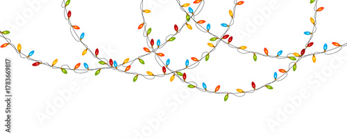 Colorful Christmas string lights garland border on white background. New Year holiday decoration with multicolor bulbs for celebration design. Vector illustration.