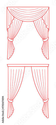 Red Line Art of Draped Curtains and Swags