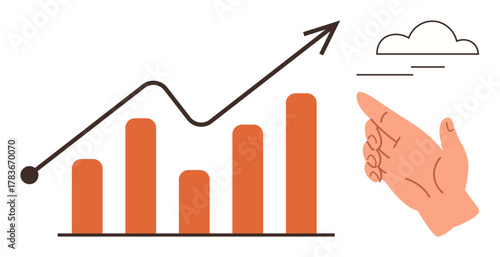 Bar chart with ascending bars, rising arrow denoting positive growth, hand gesture symbolizing ideas, and cloud element. Ideal for business, success, strategy, analytics, entrepreneurship