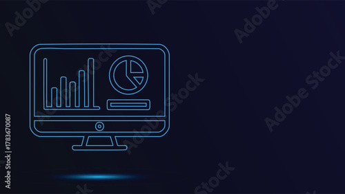 Glowing Neon Monitor Displaying Business Data Charts And Graphs - Modern Digital Interface For Financial Analysis Stock Market Trends And Data Visualization