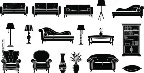 Modern furniture silhouettes, sofa, armchair, chaise lounge, bookshelf, lamp, coffee table, vase, cushion, potted plant, interior decor, home design