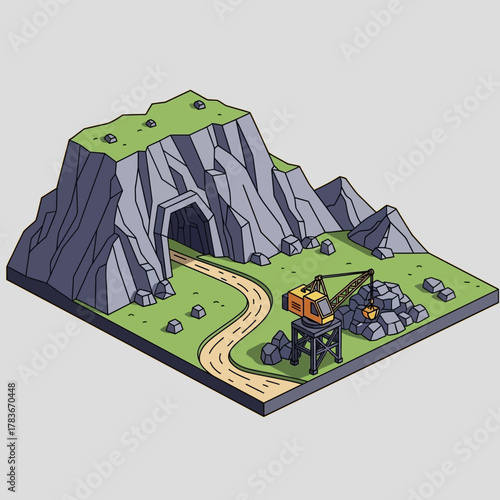 Isometric illustration of a mountain mine with a crane and rocks.