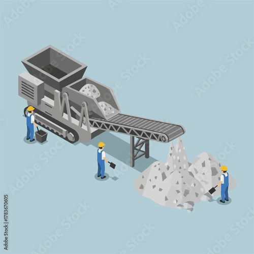 Isometric Illustration of a Stone Crusher with Workers.