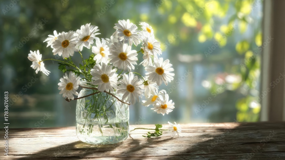 Fototapeta premium White daisies with yellow centers arranged in a glass jar on a sunlit wooden table. Concept Daisies, Glass jar, Sunlit scene, Wooden table, Floral arrangement