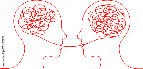 Two Red Line Heads Facing Each Other With Tangled Brains