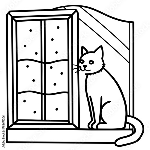 A cat sits on a windowsill looking out at falling snow