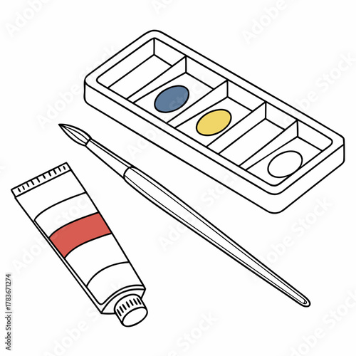 Art supplies illustration featuring paint tube brush and palette