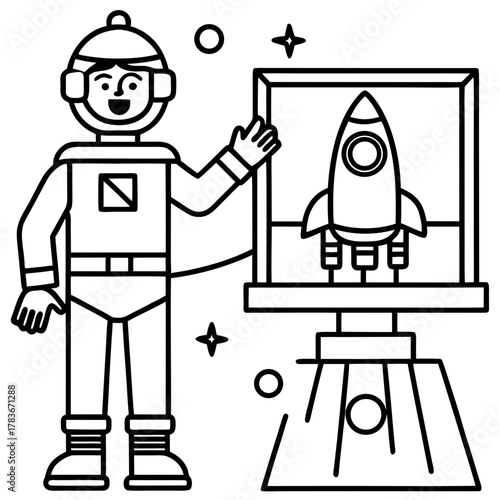 Astronaut and rocket display in space