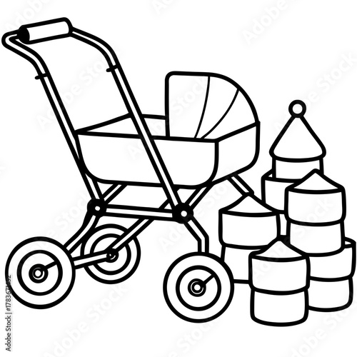 Classic baby stroller and stacked toy blocks