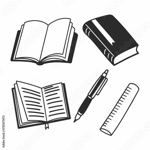 Collection of hand drawn school supplies and books